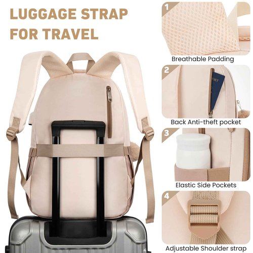 KROSIAS School Backpack for Girls Teens, Cute Aesthetic College Backpacks Large 17.3 Inch Laptop Bag Preppy Bookbag for Women Students Travel (Khaki Beige)