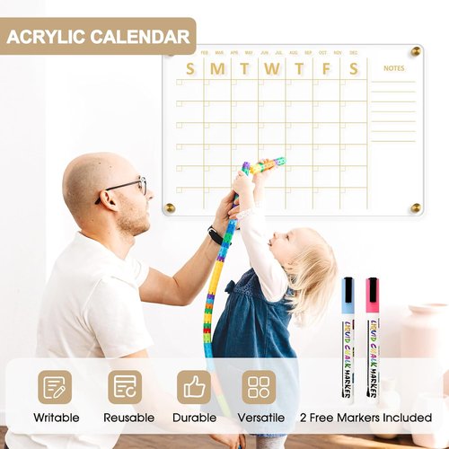Large Acrylic Calendar - 24" X 16" Clear Wall Planner | Frameless Wet & Dry Erase Monthly Organizer