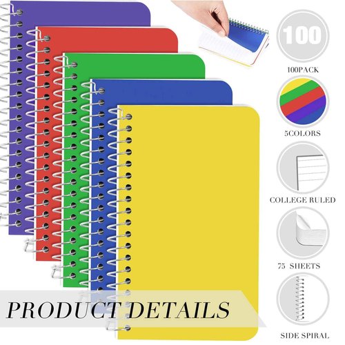 Leinuosen 100 Pack Mini Spiral Notebooks 3'' x 5'' Bulk Small Pocket Memo Pad 75 Sheets for College Ruled Office Home Business Work(Bright,Side Spiral)