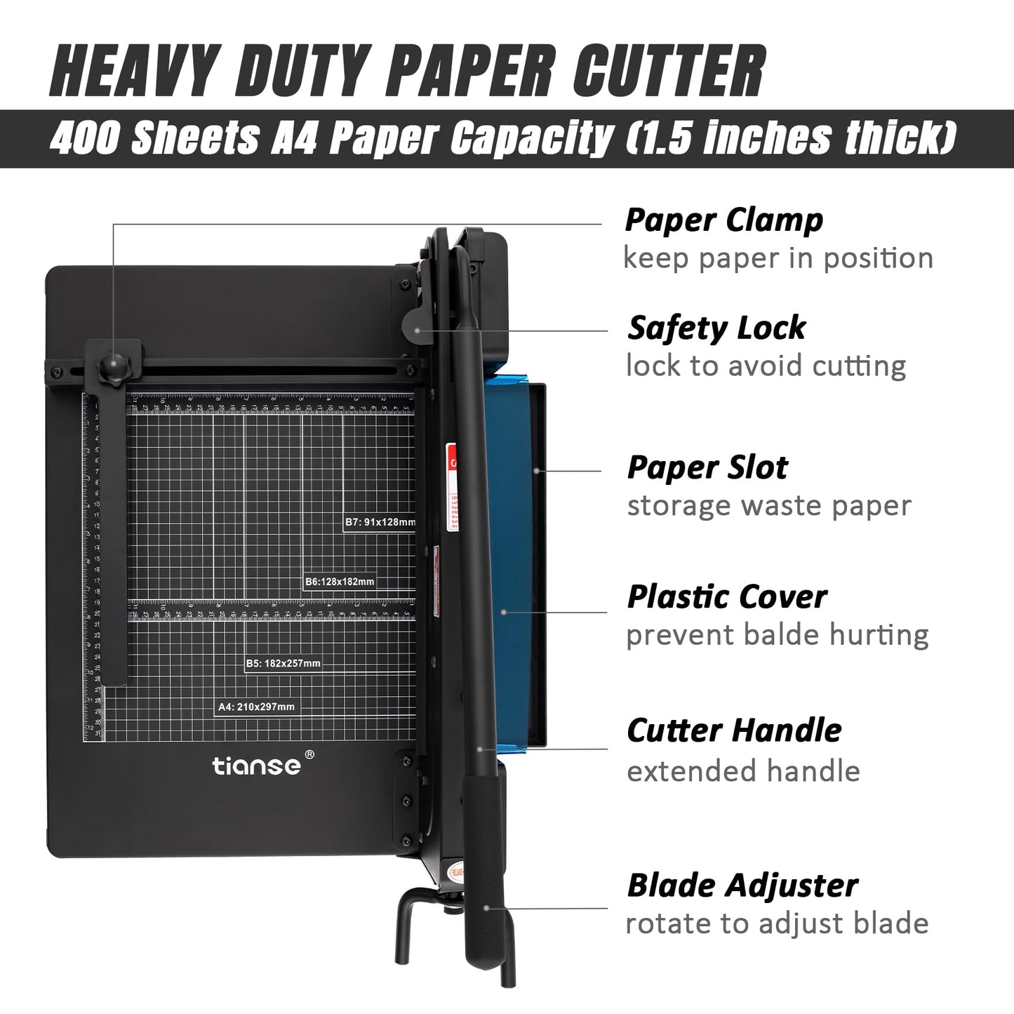 TIANSE Heavy Duty Guillotine Paper Cutter A4 12" Guillotine Paper Cutter 400 Sheet Capacity Solid Steel Construction with Double Safety Protection Perfect for Trimming Paper Cardstock Matboard Black