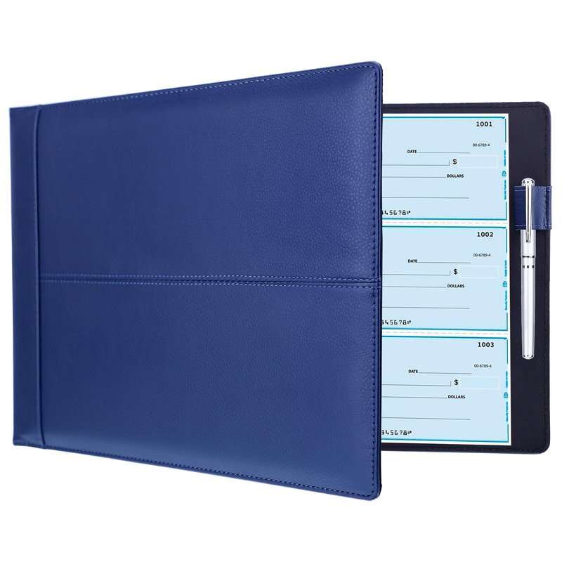 Antner 7 Ring Business Checkbook Binder for Business Checks, 600 Checks Capacity, PU Leather Check Book Binder Cover with Zipper Pouch, Executive Organizer Portfolio Holder for 9x13 Sheets, Navy Blue