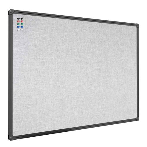 JILoffice Cork Linen Bulletin Board 36 X 24 Inch (Grey), Black Aluminum Frame Wall Mounted Board Memo Pin Board for Office Home and School