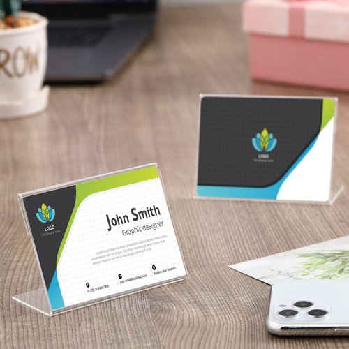 Teling 3.5 x 2.5 Inch Acrylic Business Card Holder Slant Back Sign Holders Clear Name Display Mini Acrylic Stands l Shaped Display Stand for Classroom Home Office Decorating Supplies(24 Pcs)