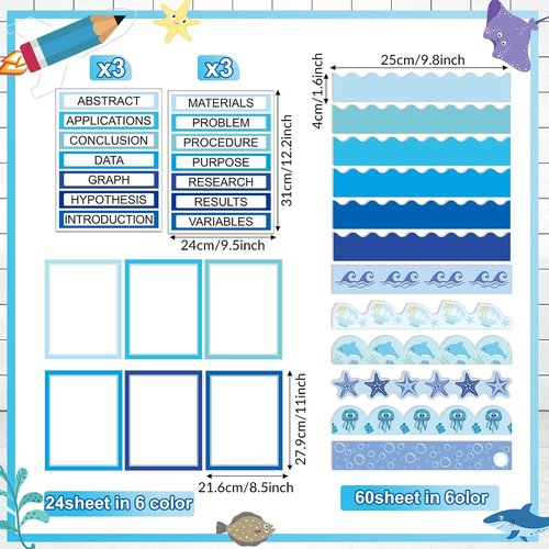 Fuyoooo Science Fair Board Supplies - 90 Pcs with 60 Trim Scalloped Borders & 6 Titles (Ocean)