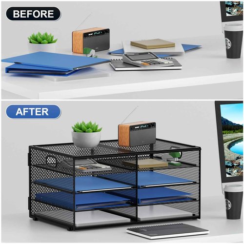 Lavatino 8 Compartments Paper Organizer for Desk, Mesh Literature Organizer, Mail File Sorter Tray with Handle, Desktop Mailbox for Office Classroom Home, Black