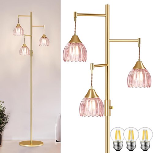 Shenmoyl Vintage Brass Floor Lamp - Stepless Dimming with 3x 6W Bulbs | Elegant Gold Design for Living Room & Nursery (Pink Tulip)