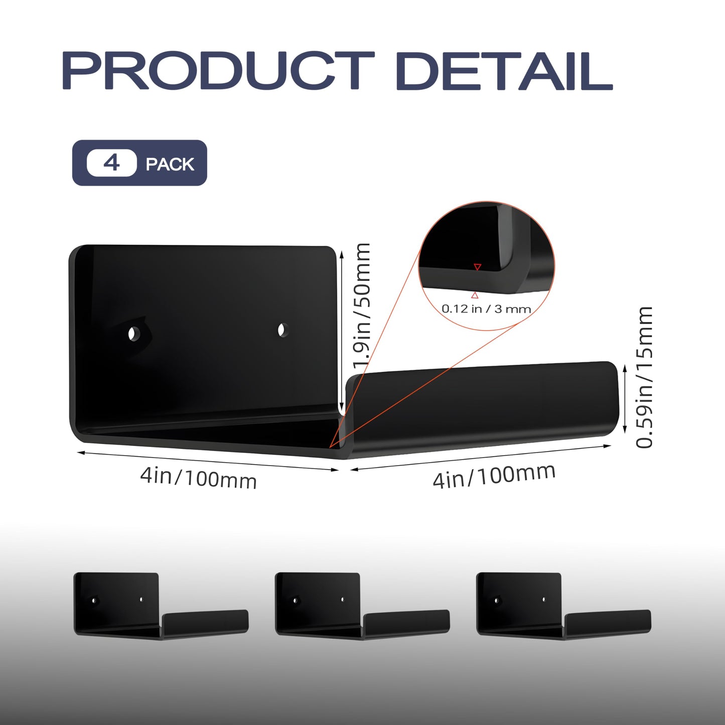 PerYoLyf 4 Pack Magnetic Book Shelf for Whiteboard, 4 * 4 Inch Extra-Wide Reusable Acrylic Magnetic Shelves, Floating Display Shelf for Classroom, Office, Kitchen, Kids Room (Black)
