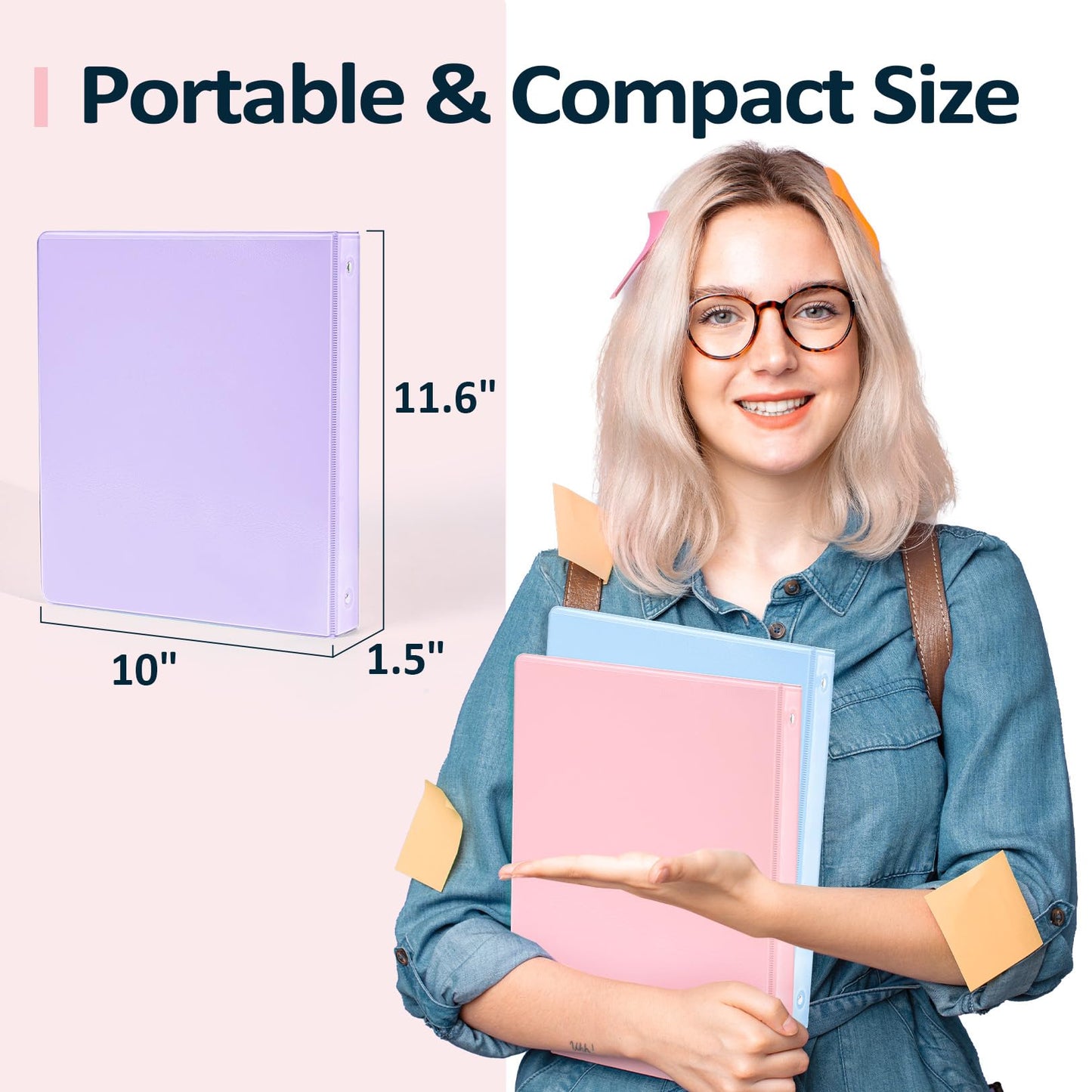 6 Pack 3 Ring Extra Durable Binders 1 inch, Sooez 1” Three Round Ring Binders with Pockets, Cute Customizable Clear View Cover for 8.5 x 11 Letter Size Papers, Pastels School Office Supplies for Girl