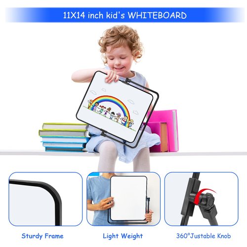 OUOFS Dry Erase Whiteboard Portable 14"x11" Magnetic Double-Sided, Desktop/Stand-Up White Board for to-Do Lists, Scheduling, & Kids' Learning - Includes Sturdy 360-Degree Rotating Stand