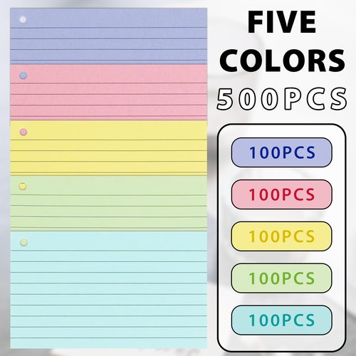 500PCS Colored Index Cards, 3x5 Inches Flash Cards with Ring, Lined on Both Side Notecards Ruled Study Card Flashcards Heavy Note Cards for Studying, Learning, School, College