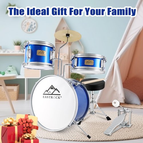 EASTROCK Kids Drum Set, 3 Piece 14'' Junior Drum sets for Drummer,Beginner, Drum Set for 5-7 Years Old with Adjustable Throne,Cymbal,Pedal,Drumsticks (Dark Blue)