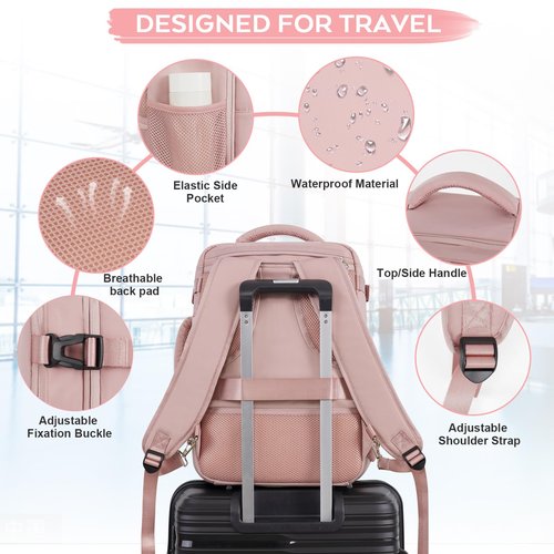 Getravel Travel Backpack for Women, Personal Item Bag for Airlines, Lightweight Carry On Backpack, Casual Hiking Work Gym College Weekender Bag Daypack, Laptop Backpack, Pink