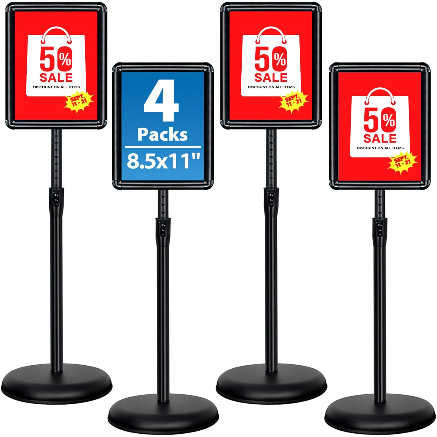 VAIIGO 4 Packs 8.5x11 Inch Sign Stand - Adjustable Floor Standing Sign Holder, Pedestal Poster Stand for Vertical & Horizontal Display, Outdoor & Indoor Use for Business & Store Signage - Black