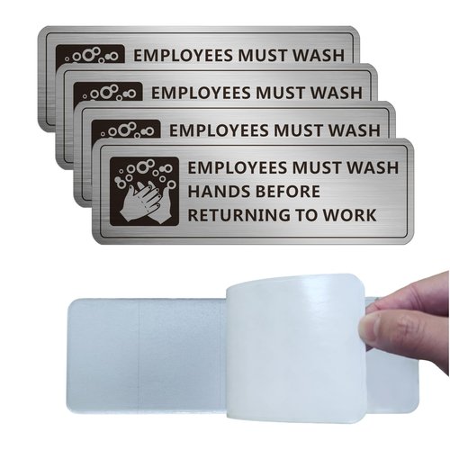 (4 Pack) Employees Must Wash Hands Sign, Self-Adhesive Metal Signage for Bathroom Office, Waterproof Aluminum Signs for Indoor Outdoor (9x3, Brushed Aluminum)