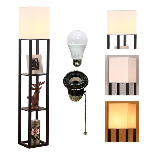 HomeFocus - Floor Lamp with Shelves,Shelf Floor Lamp with LED Bulb,Bookshelf Corner Display Lamp for Living Room,Bedroom and Office,White Linen Shade,Rustic Wood,Black