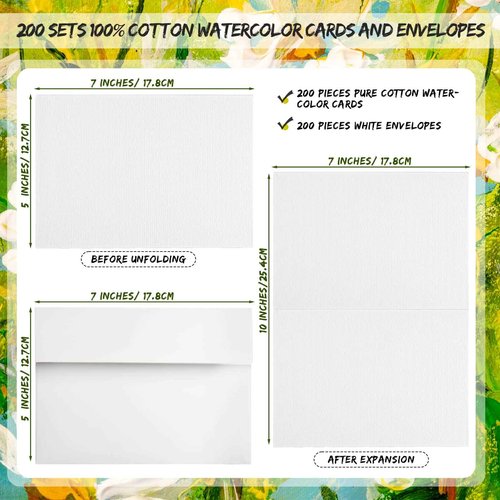 Fainne 200 Set 5 x 7 Inch Pure Cotton Watercolor Cards Set Foldable Blank Cotton Watercolor Cards with Envelopes 140lb Heavyweight Paper Postcards for Art Painting Creative Thank Note
