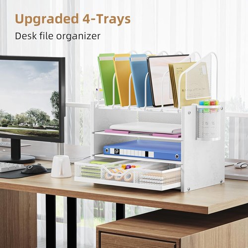 Marbrasse Desk Organizer - 4-Tier Wooden File Holder with Drawer & 5 Vertical Slots | White Home Office Accessory