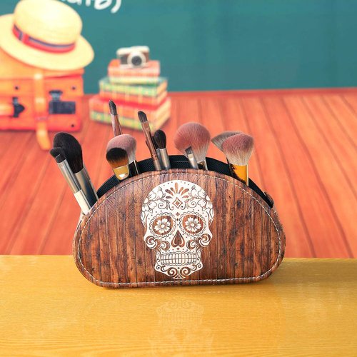 LINKWELL Remote Holder for Table, PU Leather TV Controller Holder with 5 Compartments, Remote Control Holder for Office Supplies, Wooden Look Sugar Skull Halloween Decor PH61