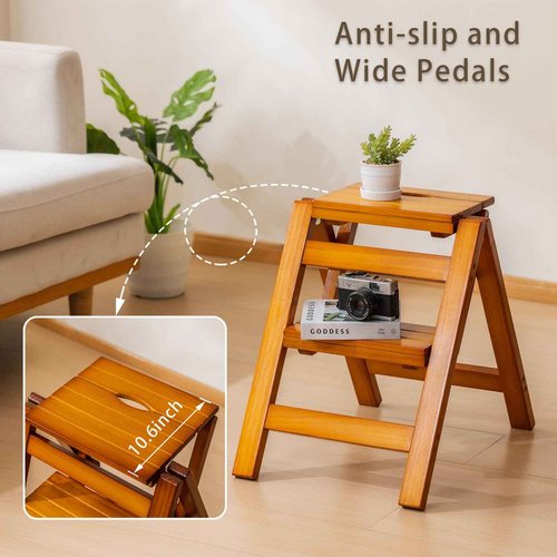 SOBIBO Wooden Step Stool, Foldable 2 Step Ladder, Solid Wood Ladder Stool for for Home, Kitchen & Garden Walnut