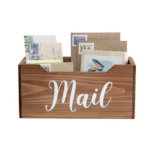 Elegant Designs HG2010-NMW Rustic Farmhouse Wooden Tabletop Decorative Script Word Mail Organizer Box, Letter Holder Office-Accessories-and-décor, Natural Wood/White