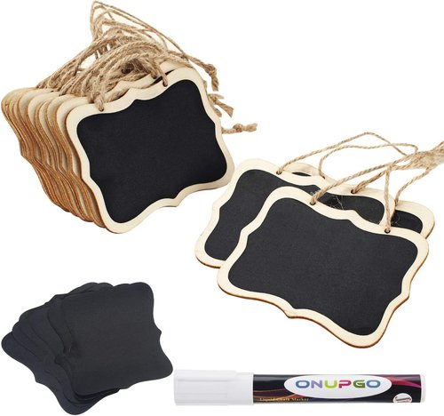 ONUPGO Chalkboard Tags - 16 Pack Mini Blackboard Signs with String & Liquid Chalk Marker | 4"x3" Size