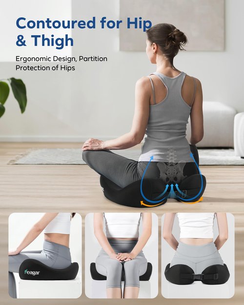 Feagar Large Ergonomic Seat Cushion - Thick Full Wrap Memory Foam Office Chair Cushion for Tailbone Pain Relief, Coccyx Cushion with Non-Slip Pad for Desk Chair, Wheelchair, Car Seat Long Sitting