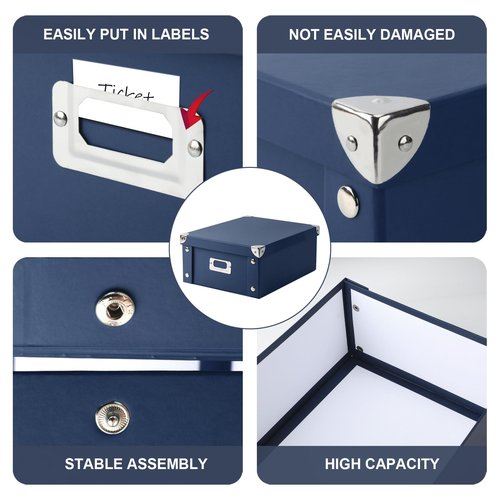 DLUGOPIS 2 Pcs Inch Checks Storage Box with Lid Document Boxes Document Bin Banker Boxes Foldable Receipt Box Storage Navy Blue Cardboard Record Boxes For Business Pesonal Books Files 12"x10"x5"