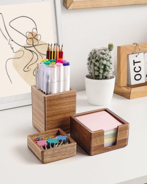 SWKHDKX Acacia Wood Desk Organizer Set with Sticky Note Holder, Pencil Pen Cup & Paper Clip Storage, Office Desk Accessories for Marker Craft (Set of 3)