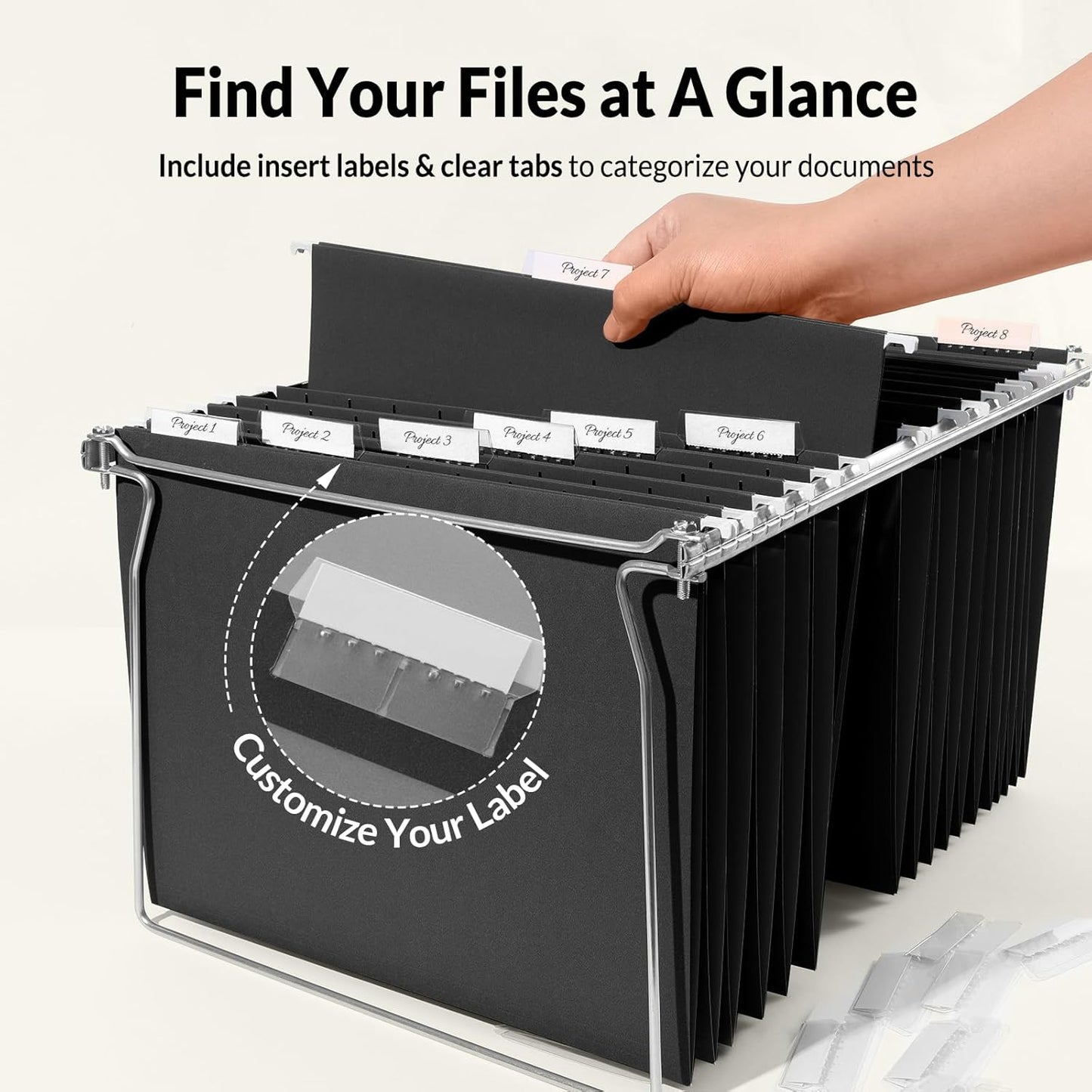 SUNEE Hanging File Folders - 25 Pack Black Letter Size with 1/5-Cut Tabs for Home & Office Organization