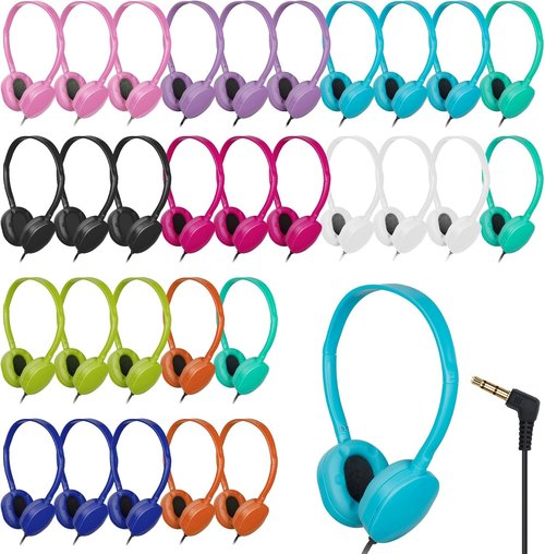 Skiennix 30 Pack Bulk Headphones - Durable Multi-Color Earphones for Classroom & School Use