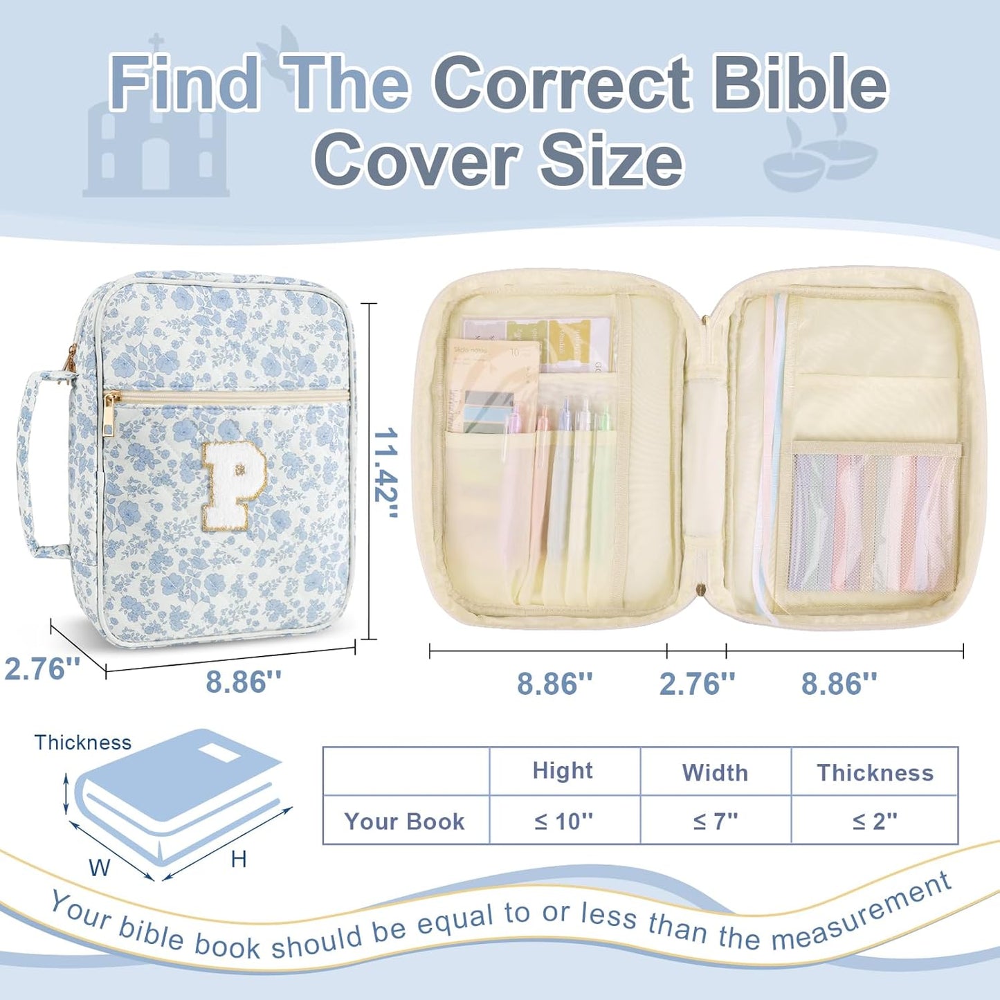 Skiennix Personalized Initial Bible Cover Case - Large Quilted Design with Handle, Stylish Blue Flower for Women & Kids