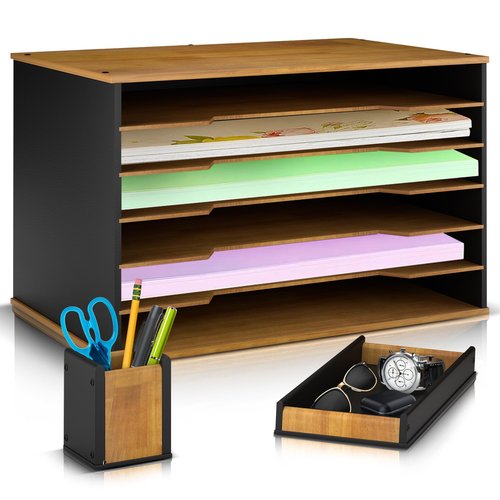 Ultimate Wooden Paper Organizer 20.25"W x 12.25"H x 13.25"D, 6-Tier Storage for 12"x18" & 11"x17" Sheets, Includes Matching Pen Holder & Tray, Ideal for Office, Home, Art Room and Classroom