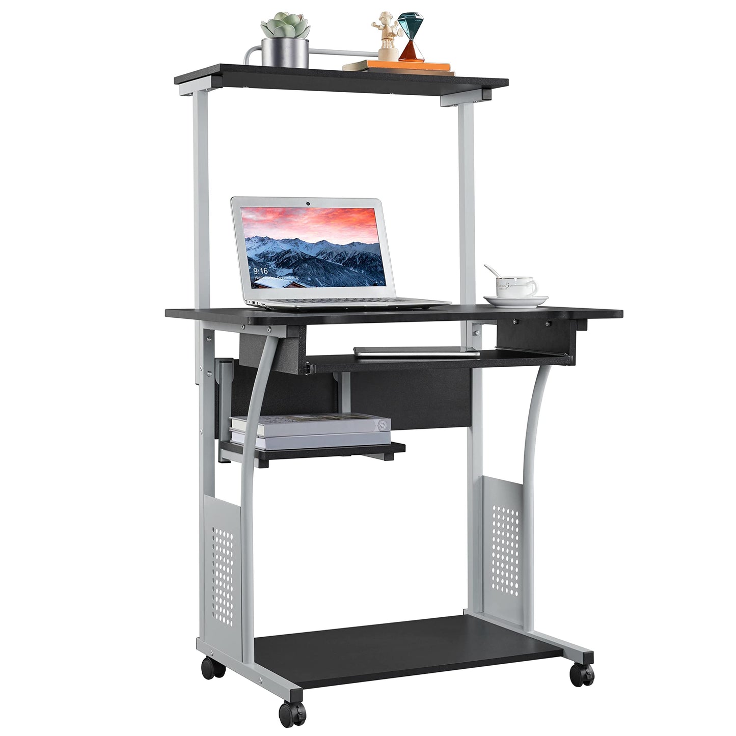 Yaheetech 2 Tier Rolling Home Office Computer Desk with Keyboard Tray & Printer Shelf Stand Study Table Corner Desk for Small Space Black