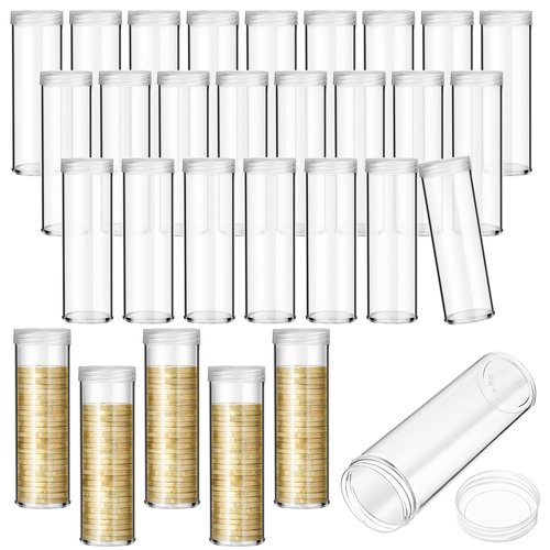 Roowest 30 Pieces Coin Storage Tube Penny Coin Tube Plastic Round Clear Penny Holder Container Organizer with Screw on Lid for Collection Supplies Bank Rolls