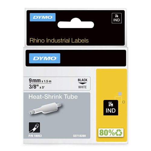 DYMO Rhino Industrial Heat-Shrink Labels 3/8" Tube Black Print on White
