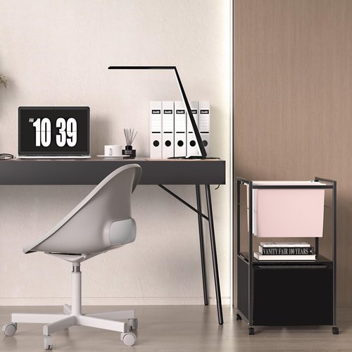 VECELO Printer Stand with Open Storage Shelf, Rolling File Cabinet with Fabric Drawer, Small Side Table for Bedroom,Living Room,Vintage Leather Pull Design, Black
