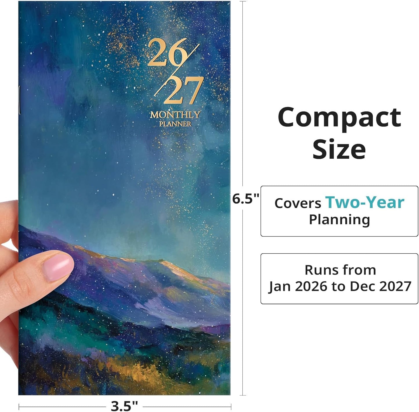 Starlit Peaks Pocket Calendar 2026-2027 | Compact Monthly Planner (6.5" x 3.5") for Purse