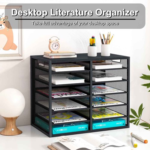 PAG Desktop Mail Sorter Industrial Countertop Heavy Duty Literature Organizer Bill Paper Holder Rack Student Mailbox for Classroom 12 Compartments Filing Cabinet for Office Home School, Black
