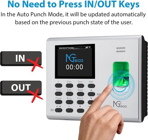NGTeco Time Clock for Small Business, 2.4GHz WiFi Fingerprint Employee Time Card Machine with iOS/Android App, Automatic Punch in/Out, Battery Backup, No Monthly Fees