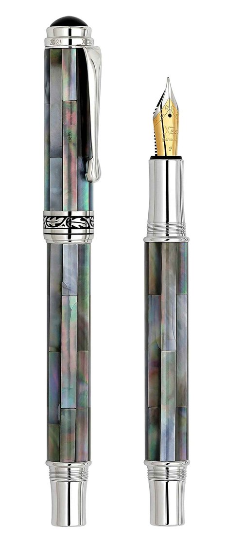 Xezo Maestro Fine/Extra-Fine Nib Fountain Pen Handcrafted with Black Mother of Pearl. Platinum Plated. Limited Edition, Serialized. No Two Pens Alike