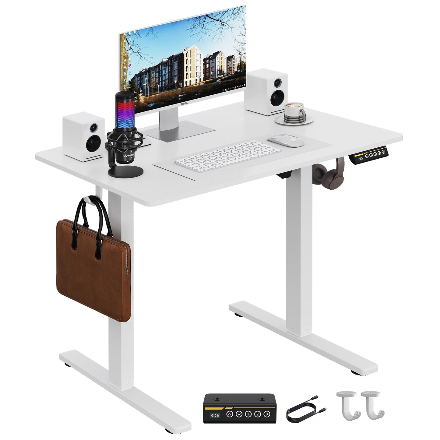 Gamork Electric Standing Desk,32x24 Inches Adjustable Height Stand up Desk, Sit Stand Home Office Desk with Splice Board, 3 Preset Heights,Equipped with Hooks,Ergonomic Computer Desk Workstation，White