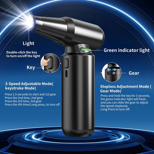 Compressed Air Duster with LED Flashlight, 300,000RPM Brushless Motor Electric Air Duster, 3-Gear Adjustable Mini Blower, Cordless Jet Fan for Keyboard, PC, Car and Home Cleaning1