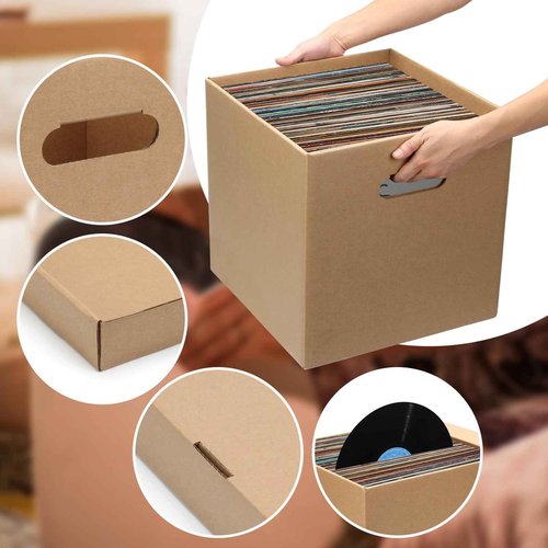 DIICCYO 10 Pcs Cardboard Vinyl Record Storage Box, Stackable Moving Box with Handles and Lids, Sturdy Cardboard Crate Vinyl Record Crate for Storing Album Document File Folder Organizer