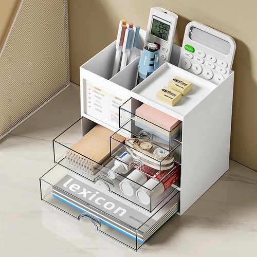 Catekro Pen Organizer with 3 Drawer, Desk Top Accessories Stationary Organizer Desk Caddy, Multi-Functional Pencil Holder for Desk Organizers with 5 Compartments for Office Art Supplies(White)