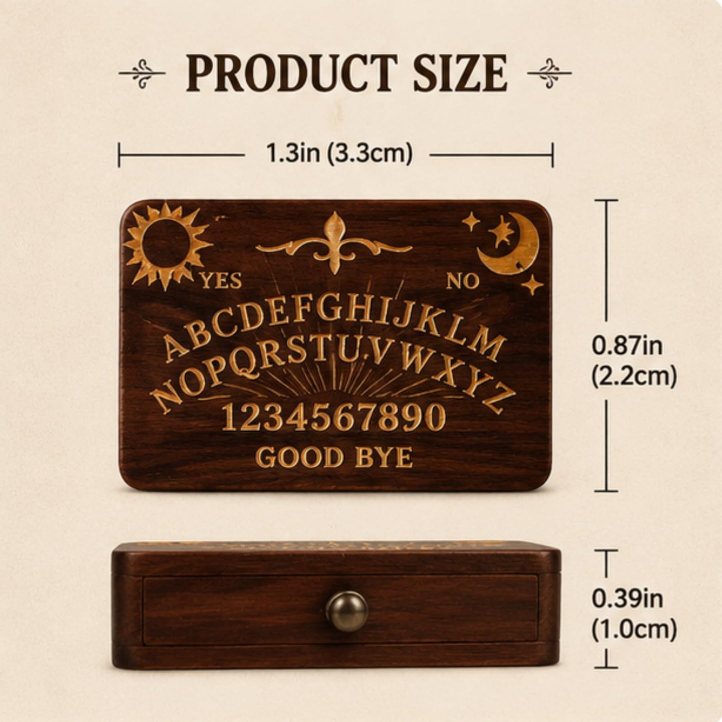 Veloshine Wooden Mini Spirit Board with Storage Drawer, Gothic Letters and Numbers, Sunburst Design, Decorative Ouija-Style Home Ornament