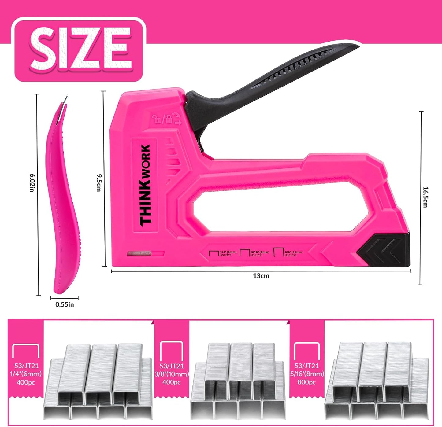 THINKWORK Light Duty Staple Gun - Pink Upholstery Stapler with 1600 JT21 Staples & Remover | Ideal for Crafts & DIY Projects