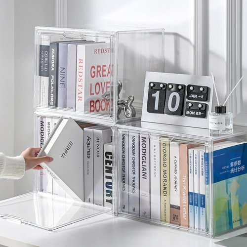 Multifunctional Transparent Books torage box Plastic Thickened Stackable Large capacity Desktop Display box Magnetic suction to open the lid Storage bin Moisture-proof Sealed Shoe box