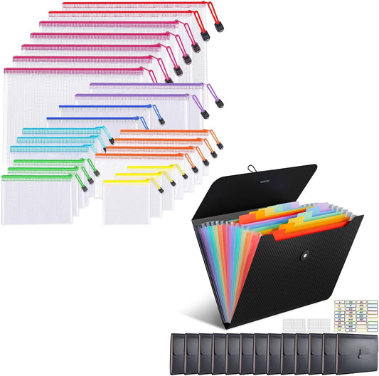 UMETDO Document Bags Set - 38 PCS Mesh Zipper Pouches & Accordion File Organizer | 8 Sizes & 14 Pockets
