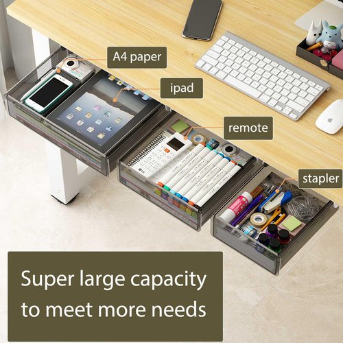 2 Pack Under Drawer Organizer, Slide Out Under Desk Storage, Self-Adhesive Drawer Attachment for Office, School, Home, Hidden Desktop Organizer for Office Supplies & Home Essentials (Black)