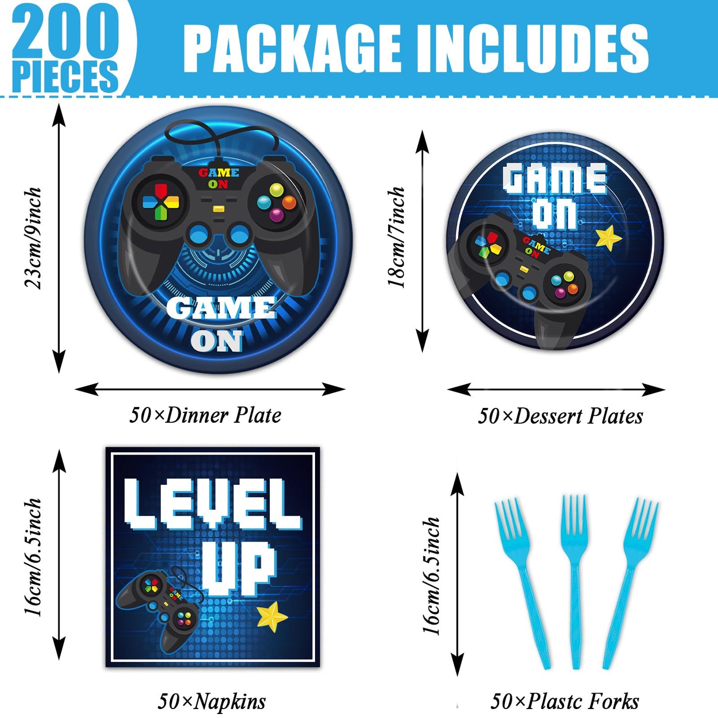 gisgfim 200 Pcs Video Game Party Favors Supplies Paper Plates and Napkins Gaming Birthday Party Decorations for Gaming Serves 50